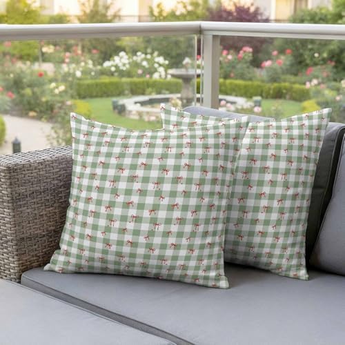 Outdoor Pillow Covers 18x18 Set of 2, Sage Green Plaid Waterproof