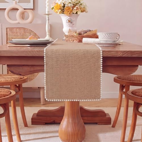 Breling 2 Pcs Burlap Pearl Table Runner 12 X 72 Inch, Rustic Boho