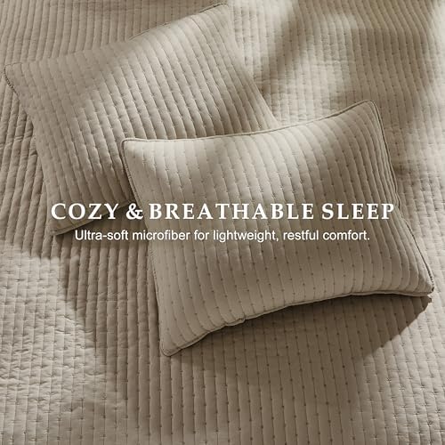 WDCOZY Dark Beige Cross Stitch King Size Quilt Set, Striped