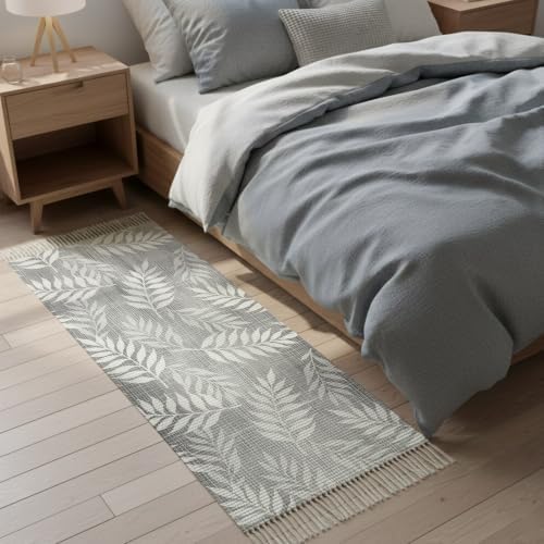 Gray Leaves Hallway Runner Rug 2'x5', Summer Botanical Modern Zen