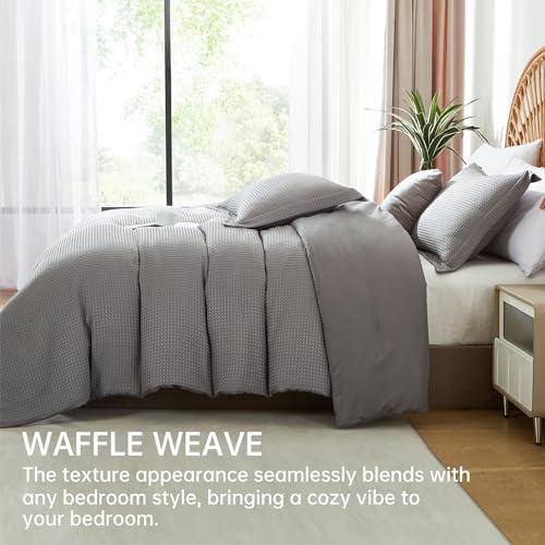 BOLINLIVING Waffle Weave Duvet Cover King Size, 3PCS Microfiber Duvet