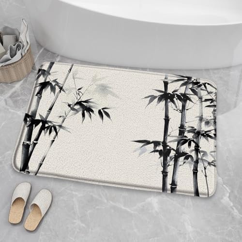 3 Pcs Asian Vintage Bath Mat Black Grey Plant Leaves Ink Painting