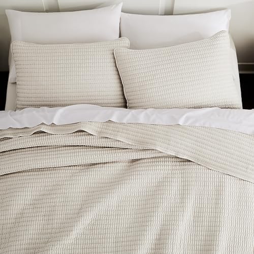 WDCOZY Beige King Size Pick Stitch Quilt Set, 3 Pieces 104x90 inches