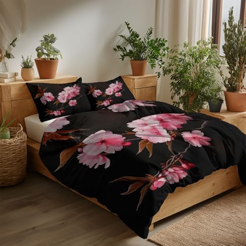 California King Duvet Cover Set Oil Painting Plant Cherry Blossom Soft