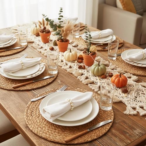 50 Set 12 Inch Round Woven Placemats with Pearl & Rhinestone Napkin