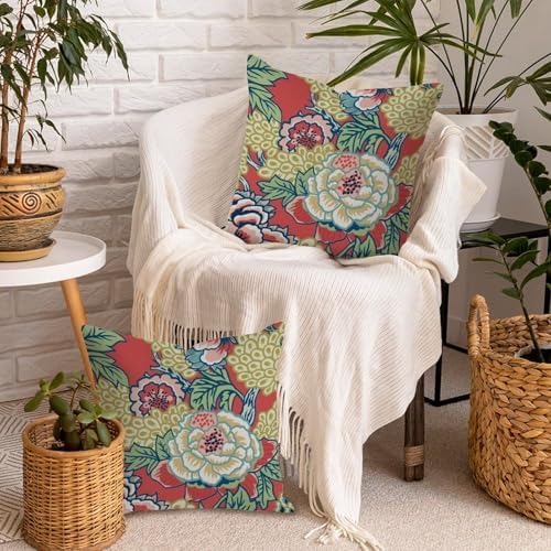 Chinoiserie Red Peony Floral Pillow Covers Set of 2, Cozy Peony