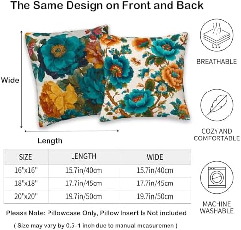 Teal Orange Floral Throw Pillow Covers 18x18 Set of 4, Turquoise