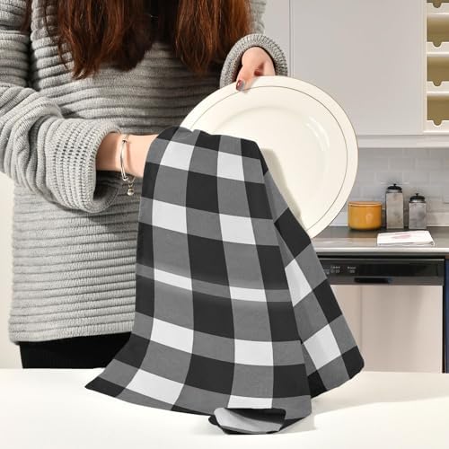 Kitchen Towels and Dishcloths Set, Black White Grey Plaid
