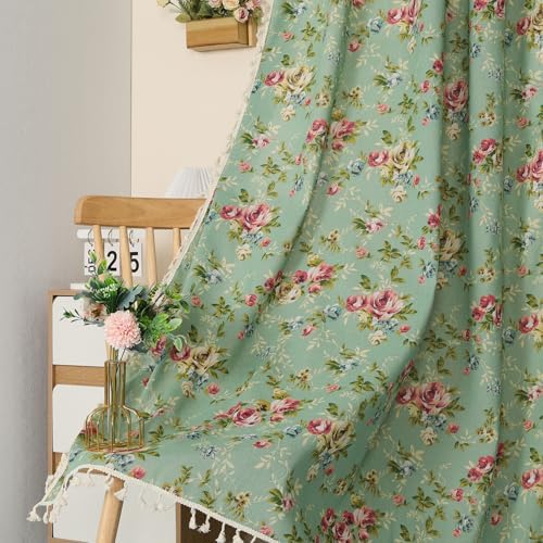 1 Pair Floral on Green Linen Curtains Rustic Country Style Light