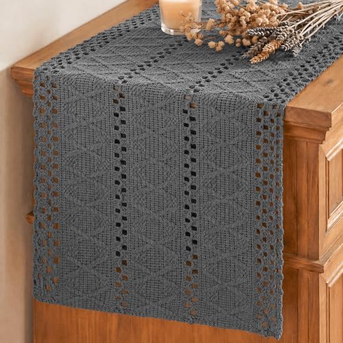 Artoid Mode Dark Grey Woven Farmhouse Hollow Table Runner 12x120 Inch