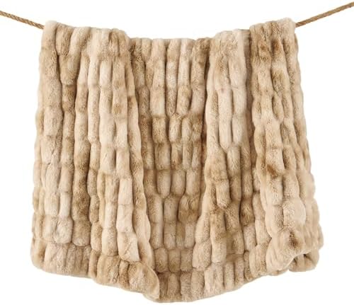 HiEnd Accents Ruched Rabbit Double-Sided Cream Oversized Throw, 50x80