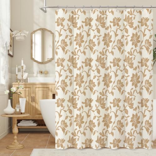Farmhouse Floral Shower Curtain, Brown Linen Textured Bath Curtain