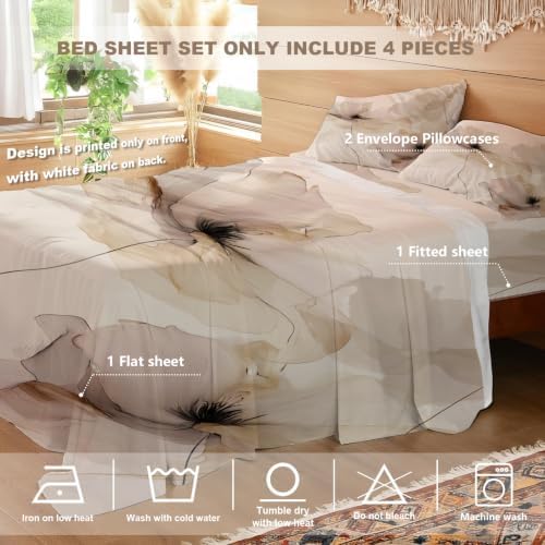 Floral Fluid Lines Artwork Queen Sheet Set, Delicate Petal Depiction