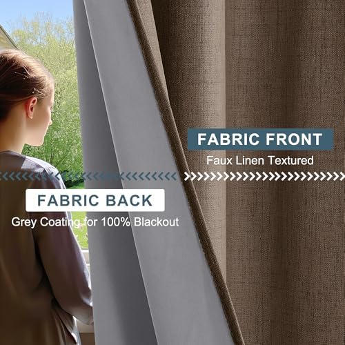 PONY DANCE Linen Blackout Curtains, 52x72, Brown, Back Tab Rod Pocket