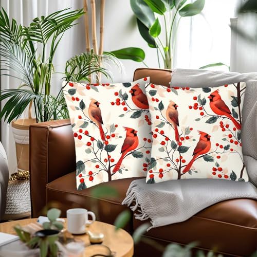 Red Cardinal Throw Pillow Covers 18x18 Set of 2 | Bird Berry Branch