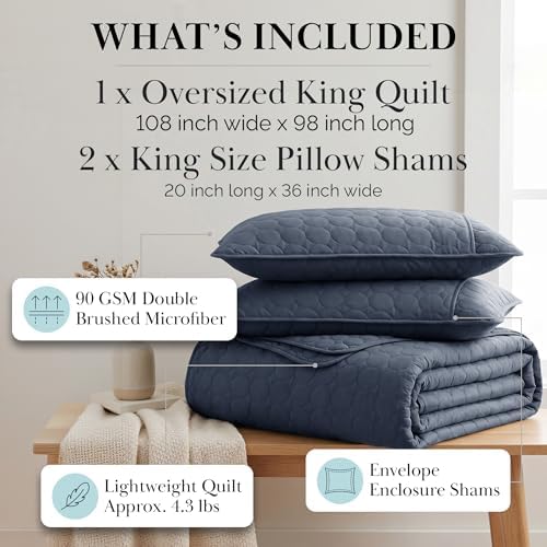 Oversized Quilts for King Bed w/ 2 Matching Quilted Pillow Shams, Navy