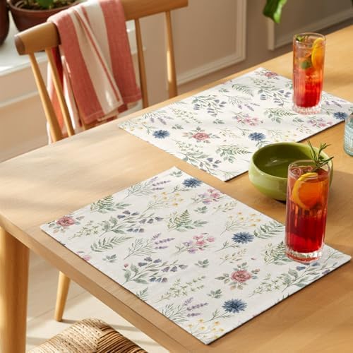 Placemats Set of 8, Beige Wildflowers Woven Placemat, Linen Place Mats