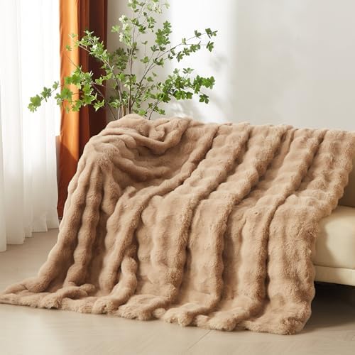 Taupe Faux Rabbit Fur Bubble Throw Blanket 50 x 60 in