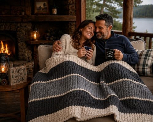 Handmade Chunky Crochet Blanket Gray Charcoal Ivory 60x40 Chenille