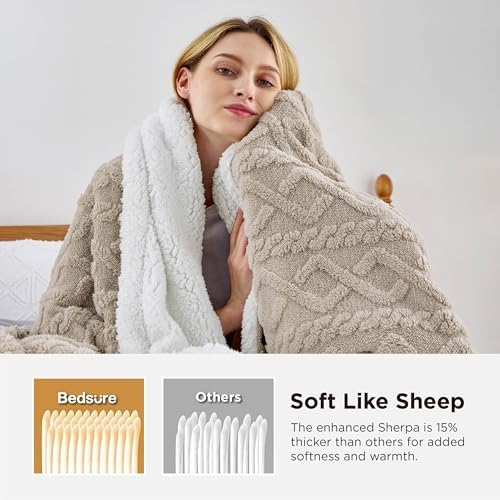 Bedsure Sherpa Fleece Blanket, Cable Jacquard Tufted, Warm, Beige