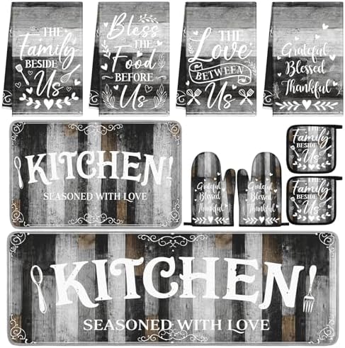 Fourluoo 10 Pcs Gray Kitchen Decor Set Pot Holders Oven Mitts Towels