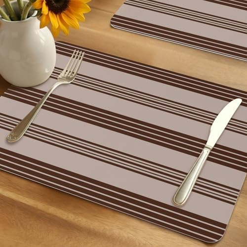 Brown and Beige Stripe Leather Placemats Set of 6,12x18 Inch,Modern