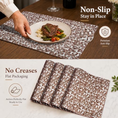 Faux Leather Placemats Set of 6, Reversible Patterned Table Mats