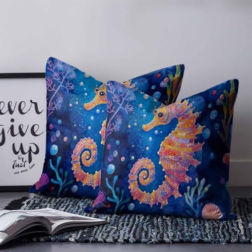 16x16 Pillow Covers Set of 2, Coastal Seahorse Square Throw Pillow