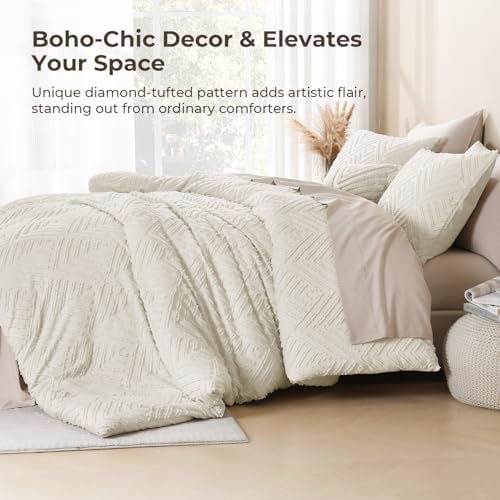Litanika King Size Comforter Set, 3 Pieces Beige Tufted Boho Bedding