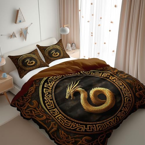 King Duvet Cover Set Viking Runes Dragon Soft Microfiber Reversible