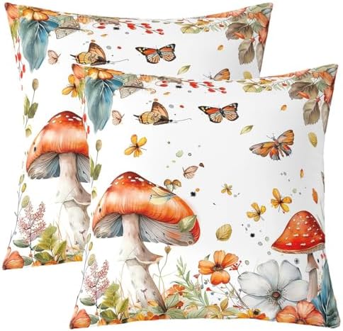 Red Mushroom Pack of 2 Pillow Covers,Jungle Botanical Plants Flowers