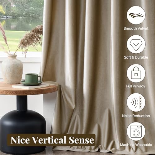 PRIMROSE Taupe Velvet Blackout Curtains 90 Inches Long,Luxury Living