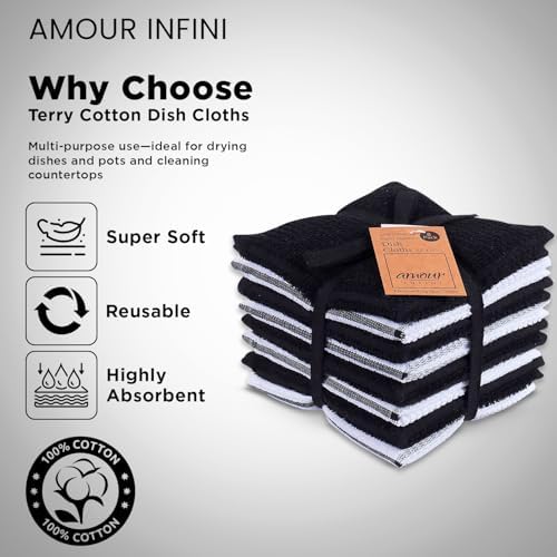 AMOUR INFINI Cotton Kitchen Dish Cloths Set of 8, 100% Terry Cotton