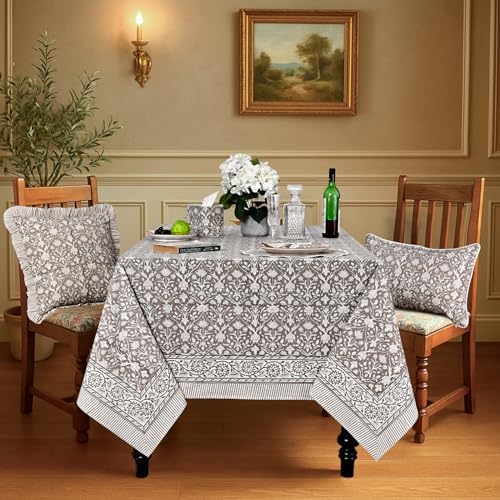 Ridhi Taupe Hand Block Print Rectangle Tablecloth 108x70 Inch