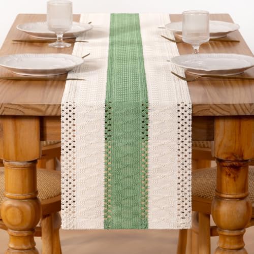 DeZerlor Ivory Sage Farmhouse Table Runner 36Inch Woven Linen Dining