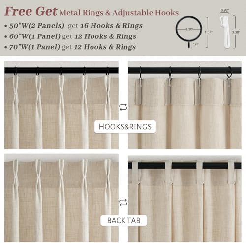 Natural Linen Pinch Pleated Curtains 84 Inch Length for Sliding Glass