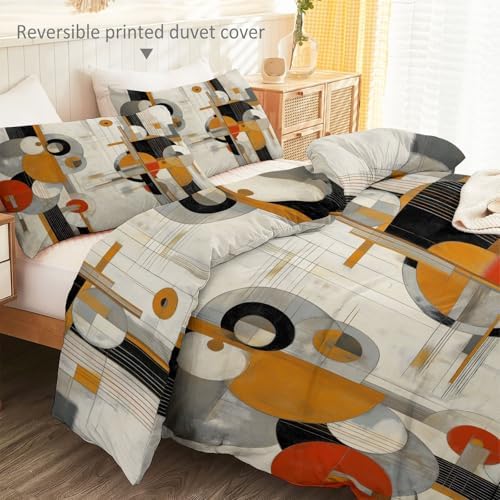 Light Gray Duvet Cover Set Queen Size, Abstract Circle Line Pattern