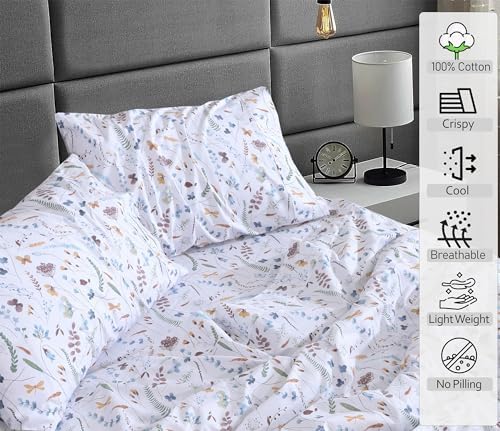 RUVANTI 100% Cotton Twin Sheets, Percale Weave Twin Sheet Set, Fern