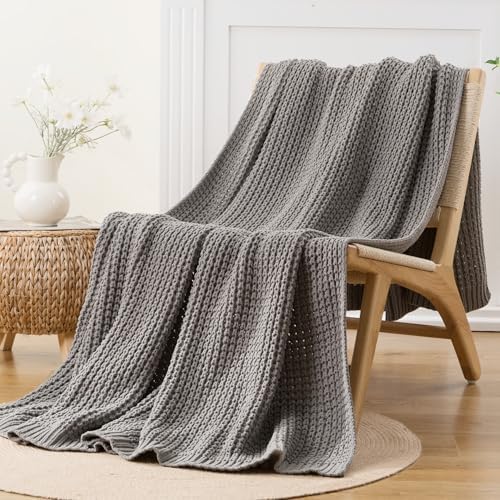 Grey Throw Blanket for Couch, Soft Knitted Chenille Throw Blanket