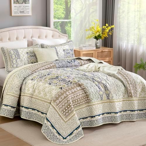 WONGS BEDDING Boho Quilt Set Queen, 3 Pcs Beige Patchwork Bedspread