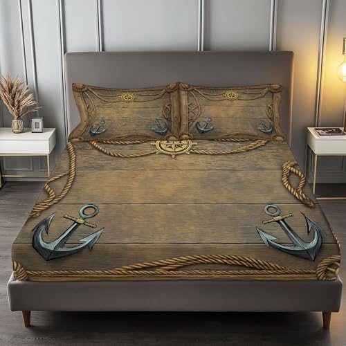 Fitted Sheet 3 Pieces Twin XL Size Retro Boat Hook Wood GrainBrown