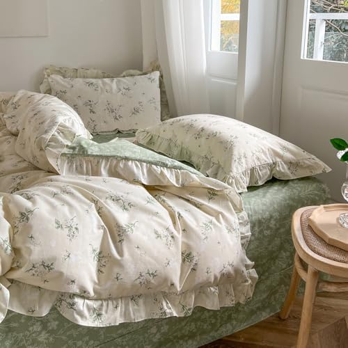 mixinni Reversible Green Floral Duvet Cover Set Twin XL Size - 100%
