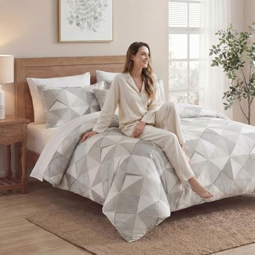 MOVE OVER Beige and Gray Duvet Cover Queen Size, 100% Cotton Bedding