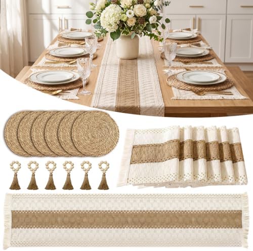 Boho Placemats Set of 6 - Boho Woven Placemat, Round Rattan Placemat