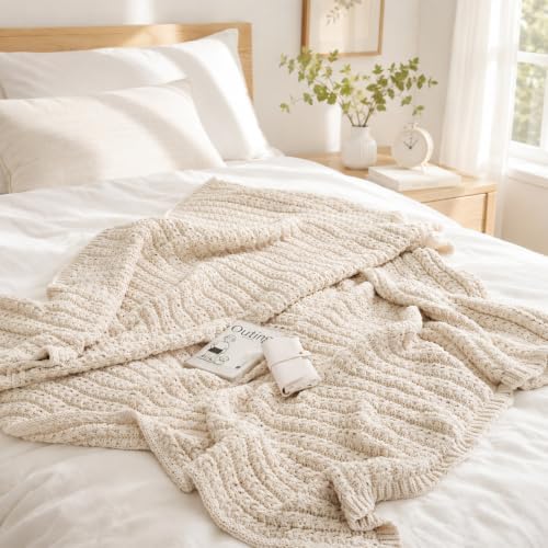 Chenille Knit Throw Blanket, Cream 50x60