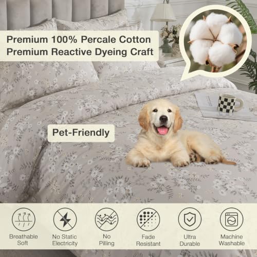 Gray-Beige Floral Duvet Cover Set Queen Size, 100% Cotton Percale