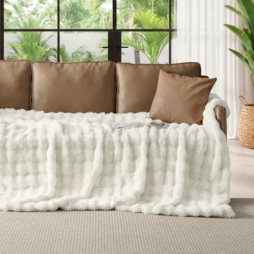 Lotus Karen Faux Fur Blanket - Cream White Twin Size, Big Bubble