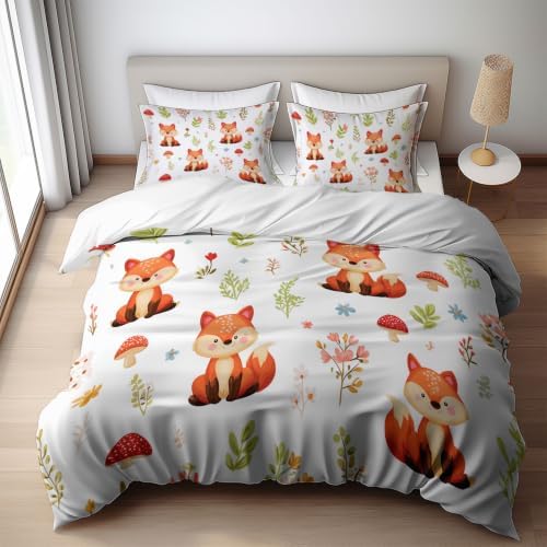 King Duvet Cover Set Soft Microfiber Cartoon Forest White