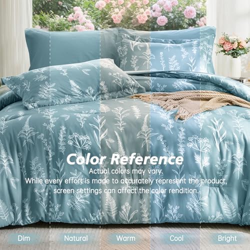MUXHOMO King Comforter Set, 7-Piece Floral Bed in a Bag, Dusty Blue