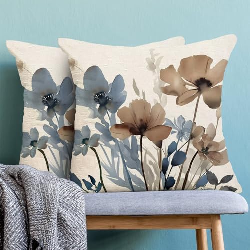 AEIOAE Blue Brown Floral Pillow Covers 20 x 20 Inch Set of 2